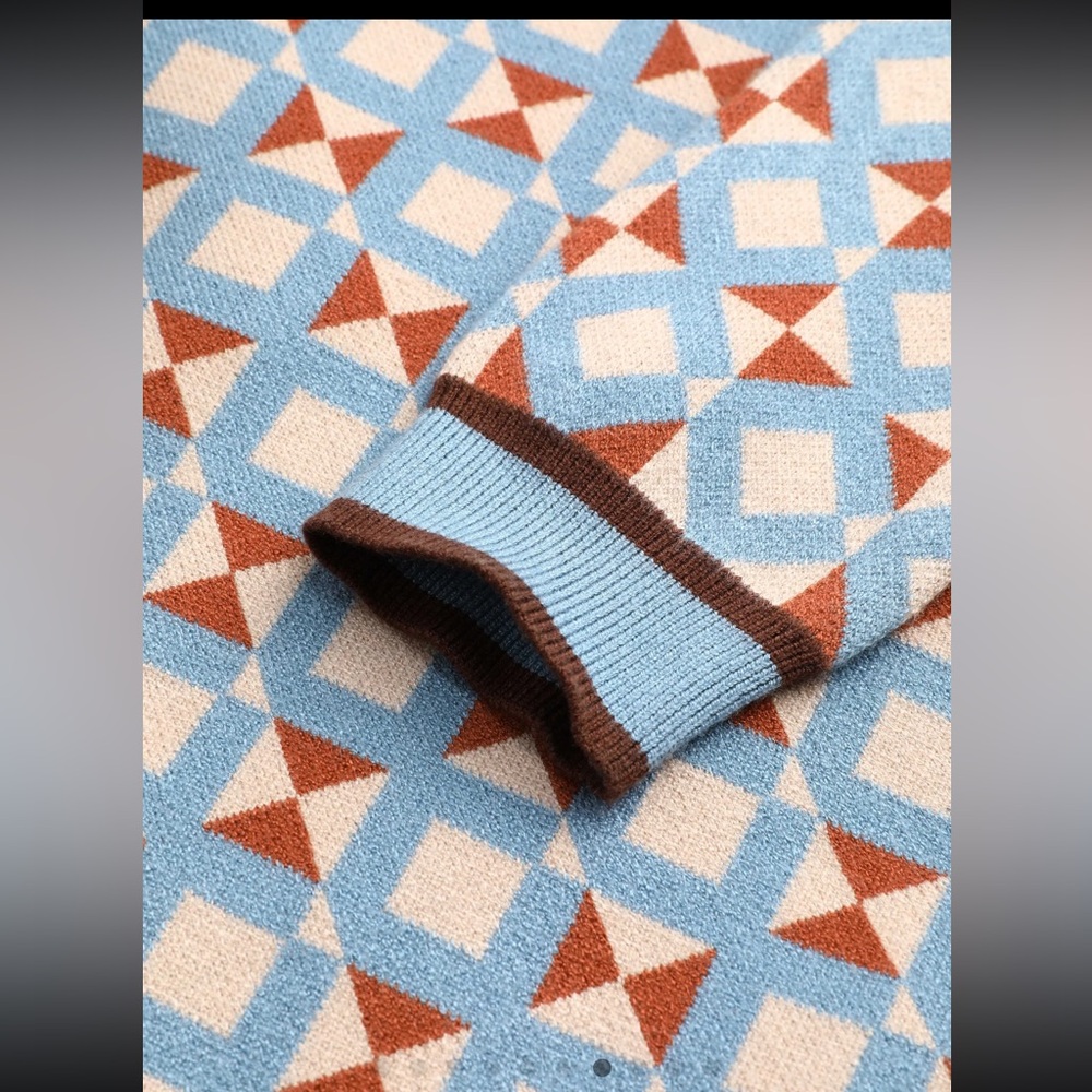 Cider Geometric Knit Polo Sweater in Light Blue, Brown, White - Picture 8 of 12